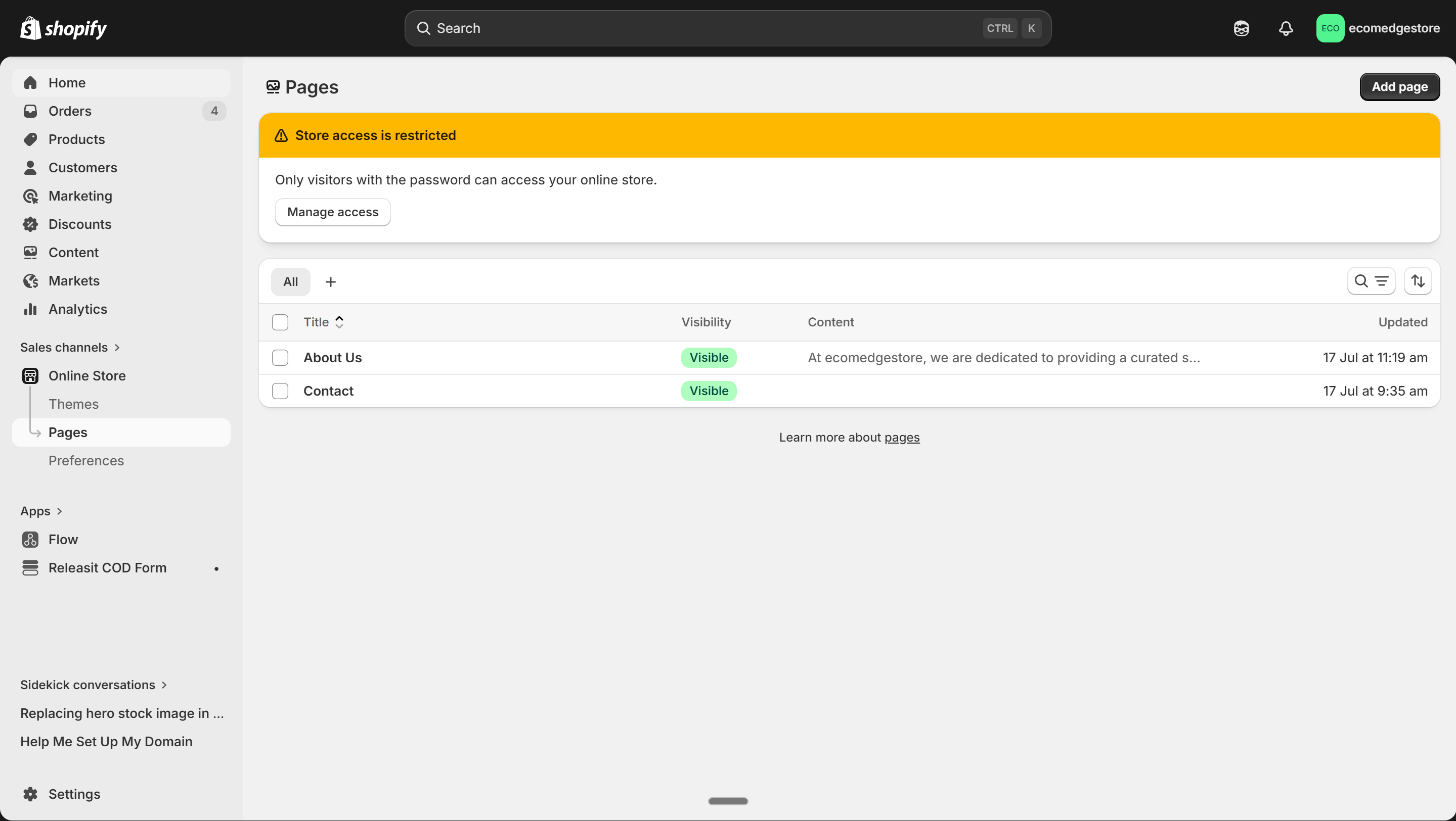 Online Store > Pages — About Us and Contact pages
